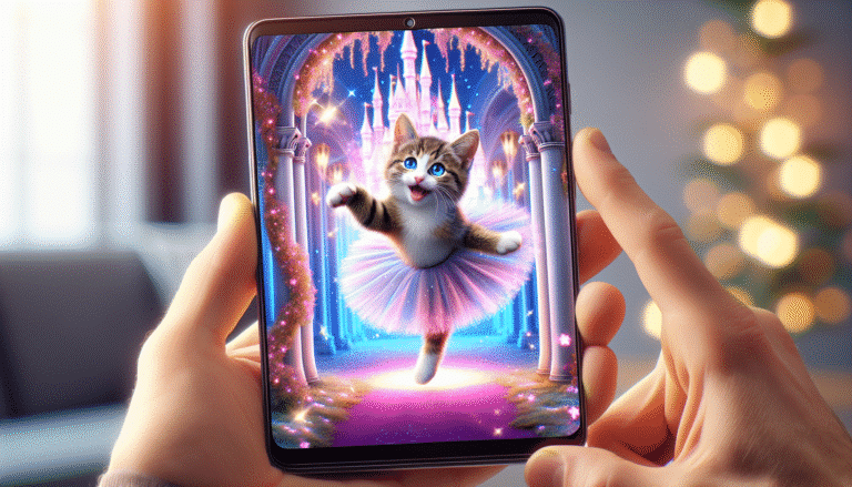 visuel Discover >1200px, Un écran de smartphone affichant une scène vidéo générée par IA de haute qualité : un chaton souriant, en tutu de danse, faisant des pirouettes gracieuses dans un décor de château féérique, avec des effets de lumière magiques. Le style est photoréaliste mais avec une touche d'onirisme, les couleurs sont vives et invitantes. La main d'une personne tient le smartphone, son expression est émerveillée.