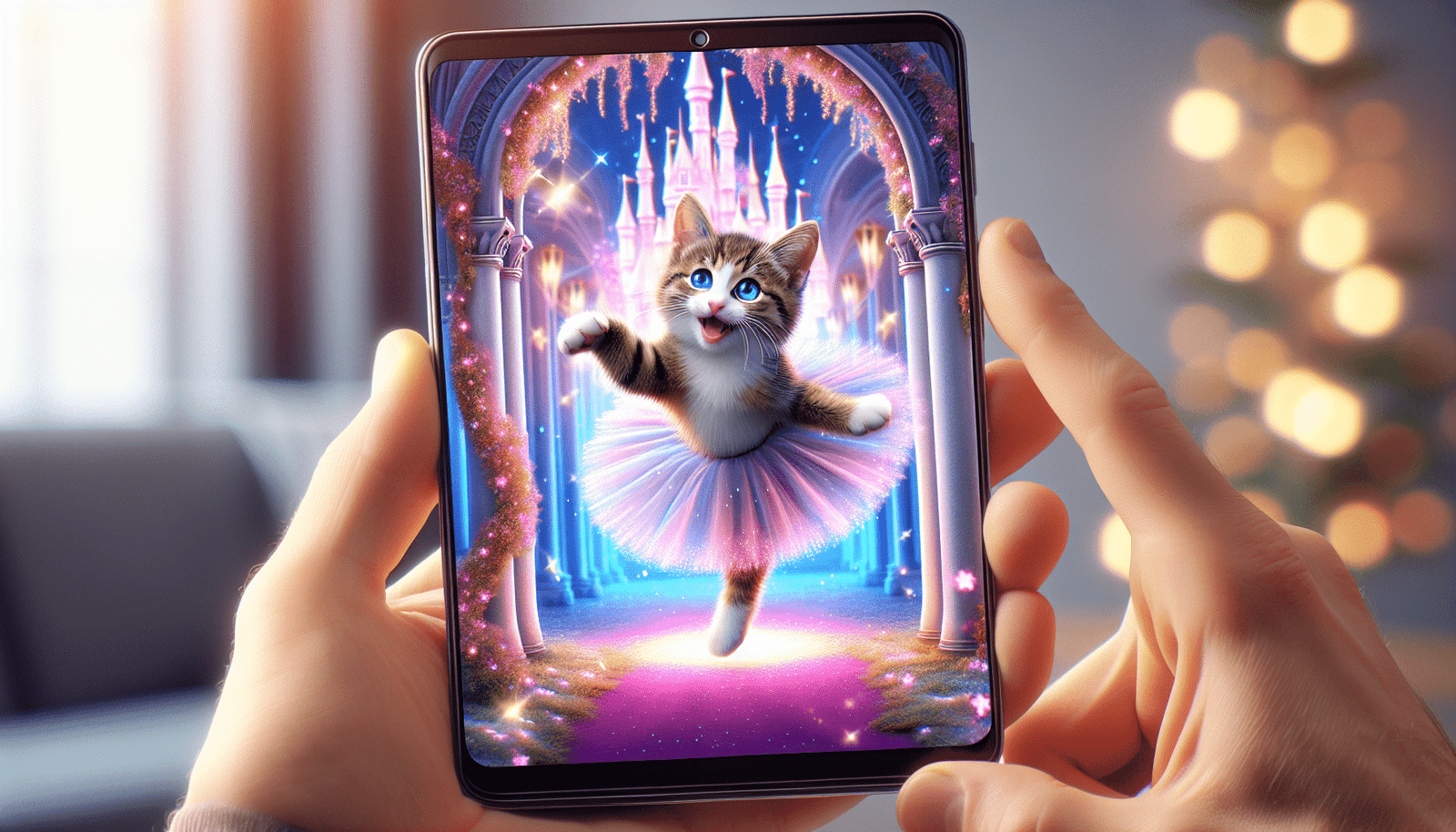 visuel Discover >1200px, Un écran de smartphone affichant une scène vidéo générée par IA de haute qualité : un chaton souriant, en tutu de danse, faisant des pirouettes gracieuses dans un décor de château féérique, avec des effets de lumière magiques. Le style est photoréaliste mais avec une touche d'onirisme, les couleurs sont vives et invitantes. La main d'une personne tient le smartphone, son expression est émerveillée.