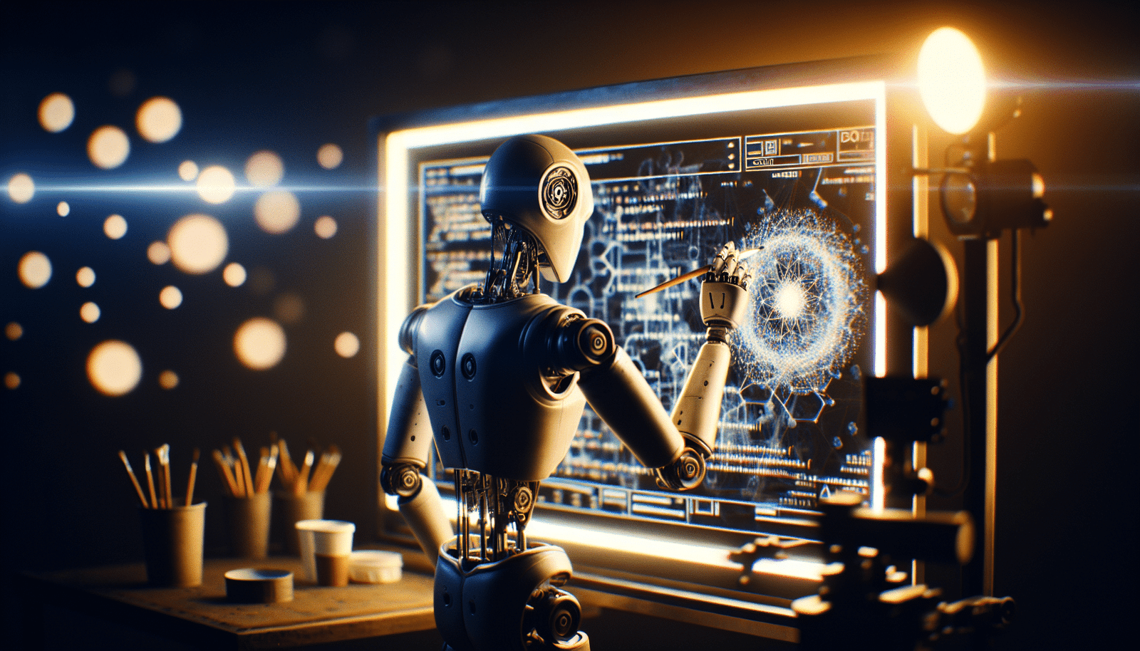 Un robot artiste numérique peignant une œuvre d'art abstraite complexe sur une tablette lumineuse. Des symboles de code et de créativité flottent autour. Représente l'IA générative créant du contenu, avec une touche futuriste et artistique.
