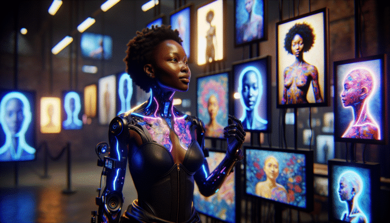 Une scène futuriste où un artiste humain et une intelligence artificielle collaborent harmonieusement, entourés d'écrans affichant des œuvres d'art générées par IA de style impressionniste et réaliste, avec des néons bleus et violets, ambiance numérique et créative, haute résolution, photoréaliste.