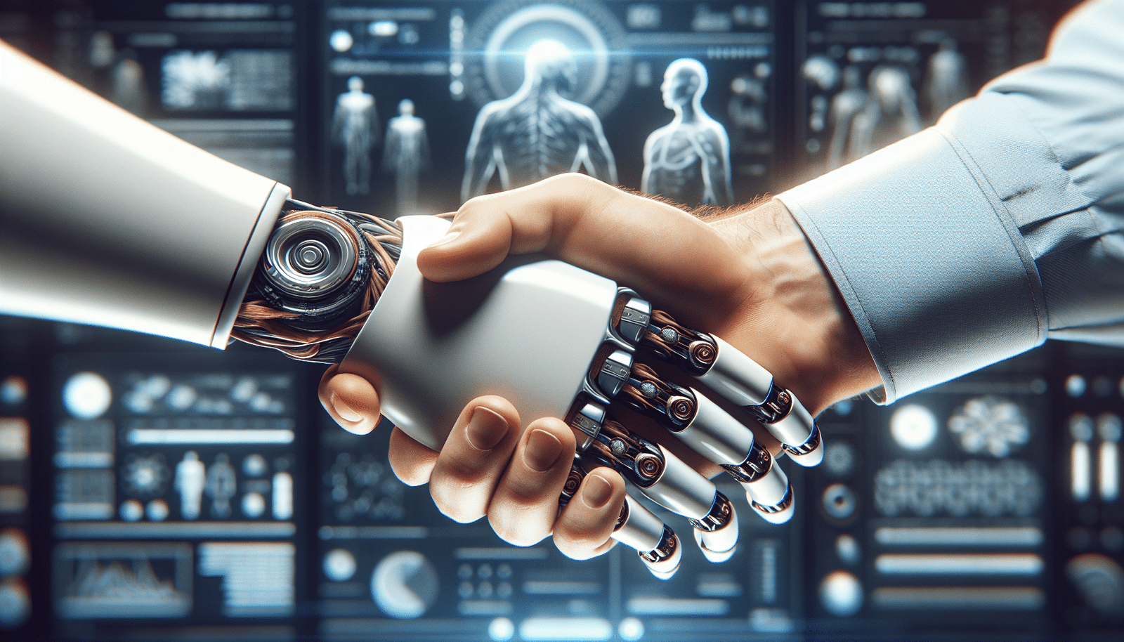Une main robotique et une main humaine se serrant, symbolisant la collaboration et la confiance dans l'intégration de l'IA en entreprise. L'arrière-plan montre des données sécurisées et des interfaces utilisateurs intuitives, style futuriste et éthique.