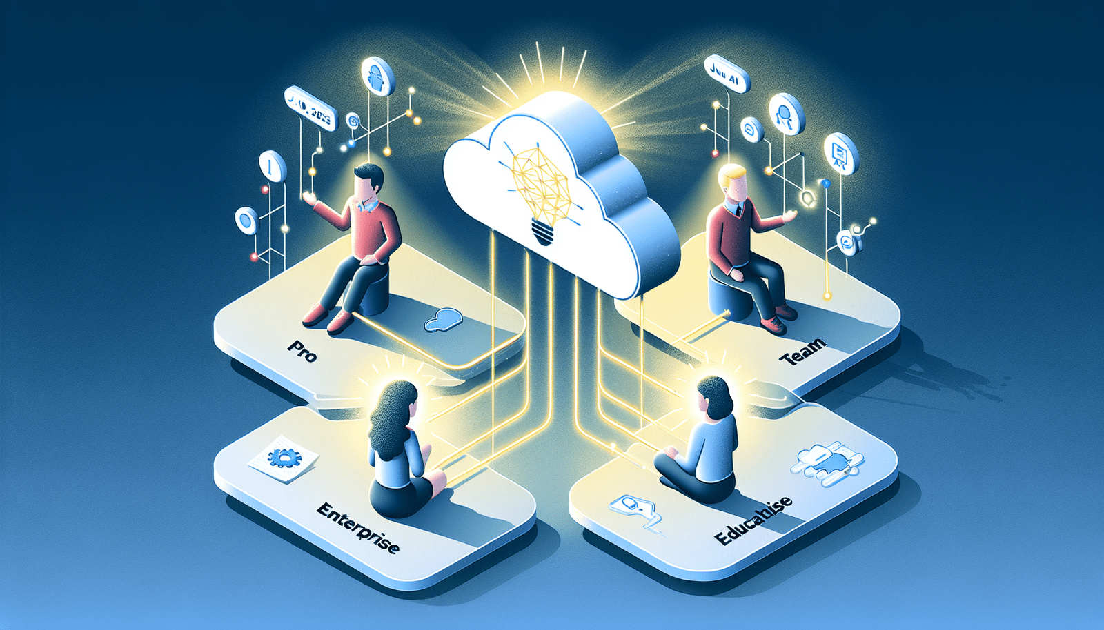 Des avatars stylisés représentant des utilisateurs "Pro", "Team", "Entreprise" et "Éducation" se connectant à un nuage lumineux symbolisant l'IA, avec des dates flottantes comme "10 Juin 2025". Style moderne, illustration isométrique avec des fils de connexion abstraits, ambiance de collaboration et d'accès démocratisé.