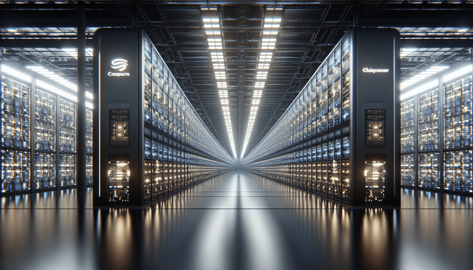 A vast, futuristic data center stretching to the horizon, filled with glowing servers and interconnected by beams of light. The scale is immense, conveying unlimited compute power for AI, with subtle brand hints of Oracle and SoftBank integrated into the architecture. Dynamic, awe-inspiring, high-detail rendering.