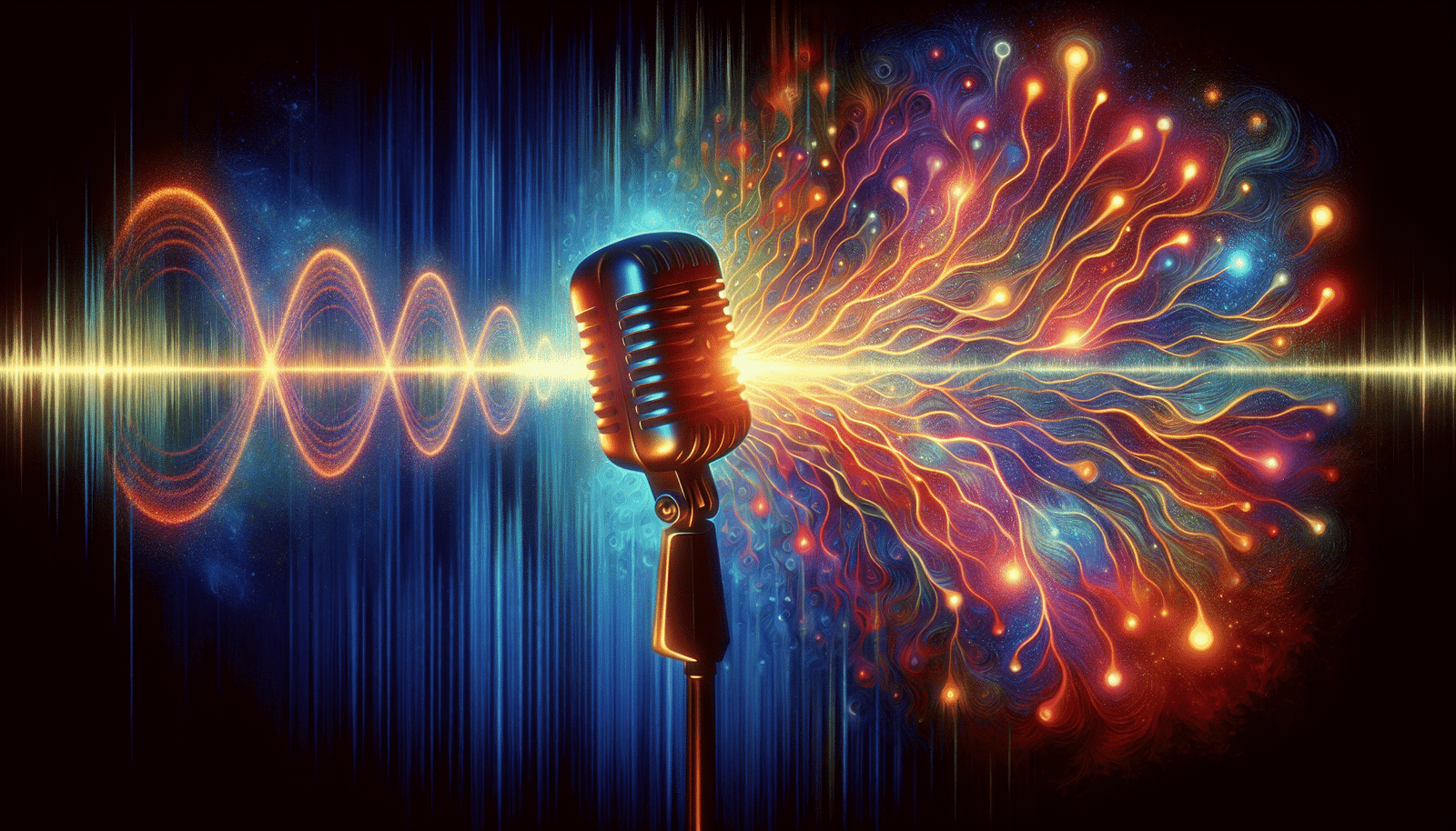 Un micro stylisé avec des ondes sonores abstraites se transformant en un réseau neuronal complexe et lumineux, illustrant l'IA qui interprète les nuances vocales, les accents et les langues. Couleurs vives, dynamique, abstrait mais compréhensible.