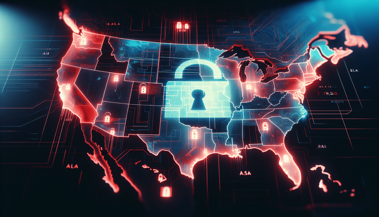 A digital map of the United States with specific states highlighted in deep red, indicating AI restrictions. A subtle padlock icon appears over a stylized representation of DeepSeek AI's logo, emphasizing security concerns and prohibitions. Futuristic, glowing lines connect restricted areas, suggesting data flow control.