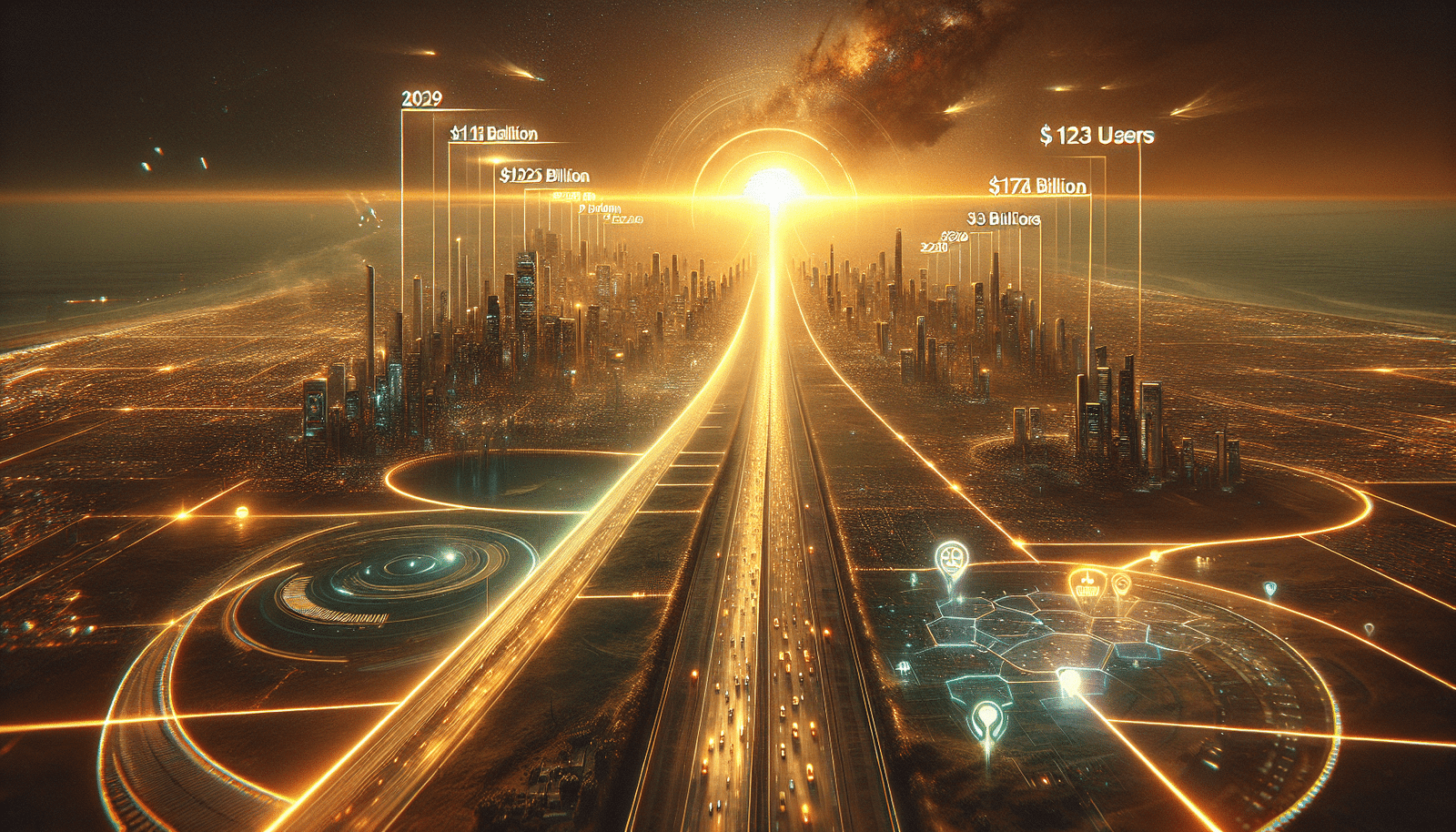 Une feuille de route numérique et lumineuse s'étendant à l'horizon, avec des marqueurs pour 2029 (rentabilité, 125 milliards) et 2030 (174 milliards, 3 milliards d'utilisateurs). Au loin, un symbole d'une ville futuriste ou d'une galaxie, représentant des ambitions illimitées. Ambiance optimiste et visionnaire.