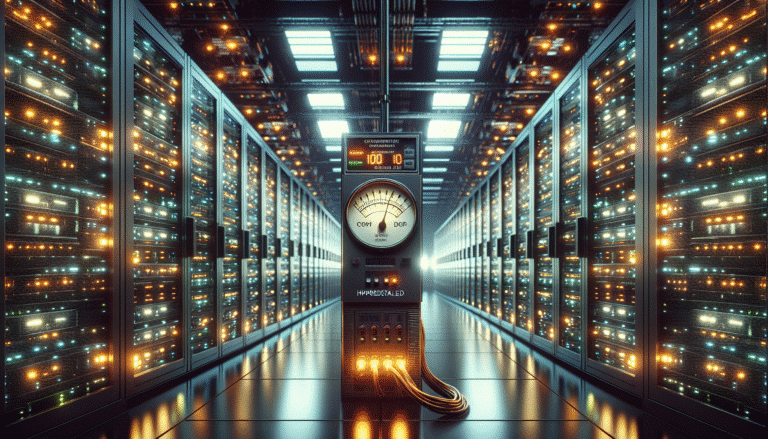 A futuristic, sleek data center with glowing servers, but with subtle visual cues of immense power consumption, like visible energy currents or a glowing power meter, set against a dark, technologically advanced background. Emphasize energy flow.
