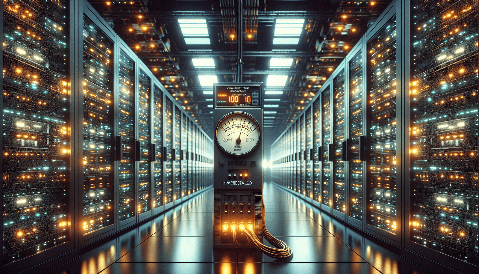 A futuristic, sleek data center with glowing servers, but with subtle visual cues of immense power consumption, like visible energy currents or a glowing power meter, set against a dark, technologically advanced background. Emphasize energy flow.