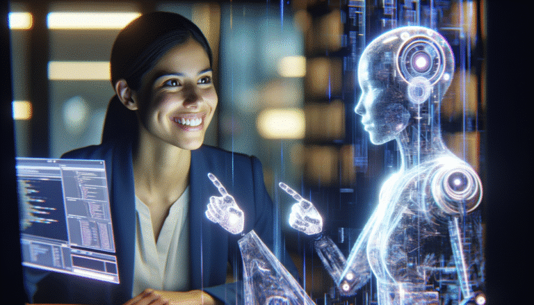 Une scène futuriste où un développeur humain souriant est assis devant un écran d'ordinateur holographique, interagissant avec une IA lumineuse et semi-transparente. Des lignes de code complexes se matérialisent en applications 3D flottantes, symbolisant la synergie entre l'humain et la machine dans la création d'applications. Style : cybernétique, épuré, futuriste avec des teintes de bleu et de violet.