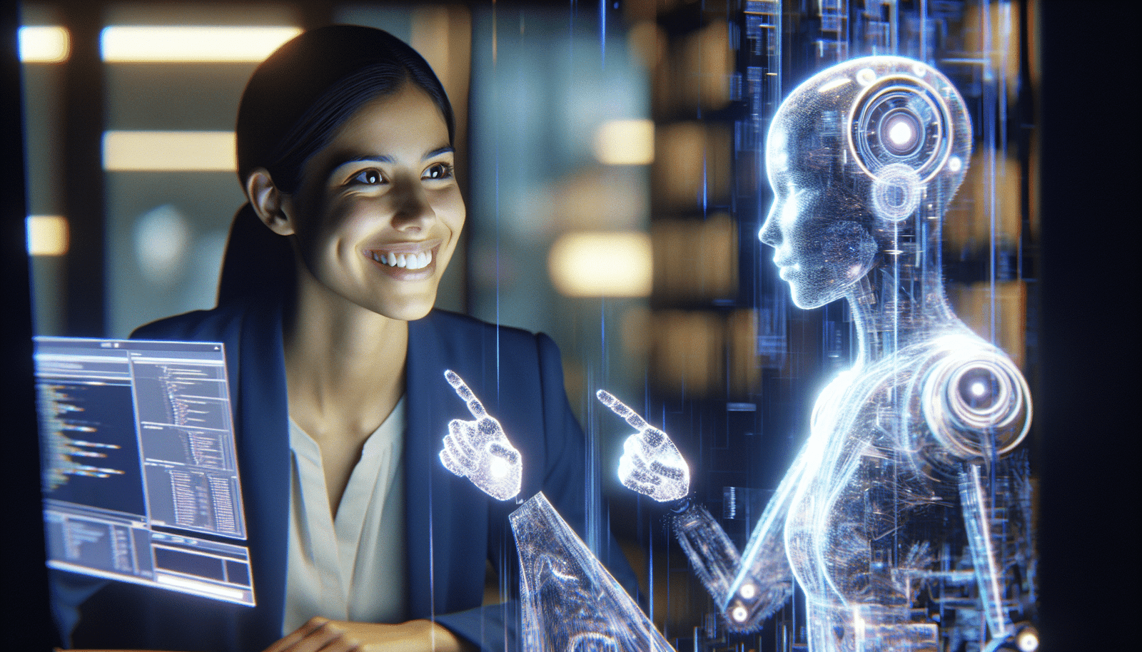 Une scène futuriste où un développeur humain souriant est assis devant un écran d'ordinateur holographique, interagissant avec une IA lumineuse et semi-transparente. Des lignes de code complexes se matérialisent en applications 3D flottantes, symbolisant la synergie entre l'humain et la machine dans la création d'applications. Style : cybernétique, épuré, futuriste avec des teintes de bleu et de violet.