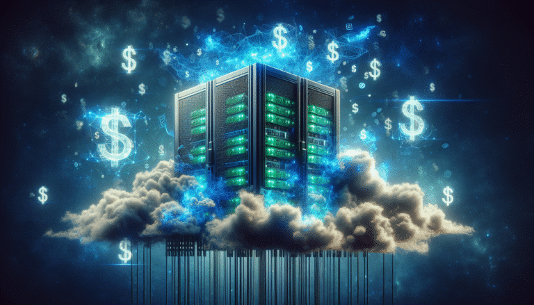 visuel Discover >1200px, Un serveur informatique géant, débordant de fils lumineux et de données, avec des nuages de dollars et de chiffres flottant autour, symbolisant les coûts astronomiques de l'IA, dans une ambiance futuriste et légèrement dramatique, tons bleus et verts fluo.