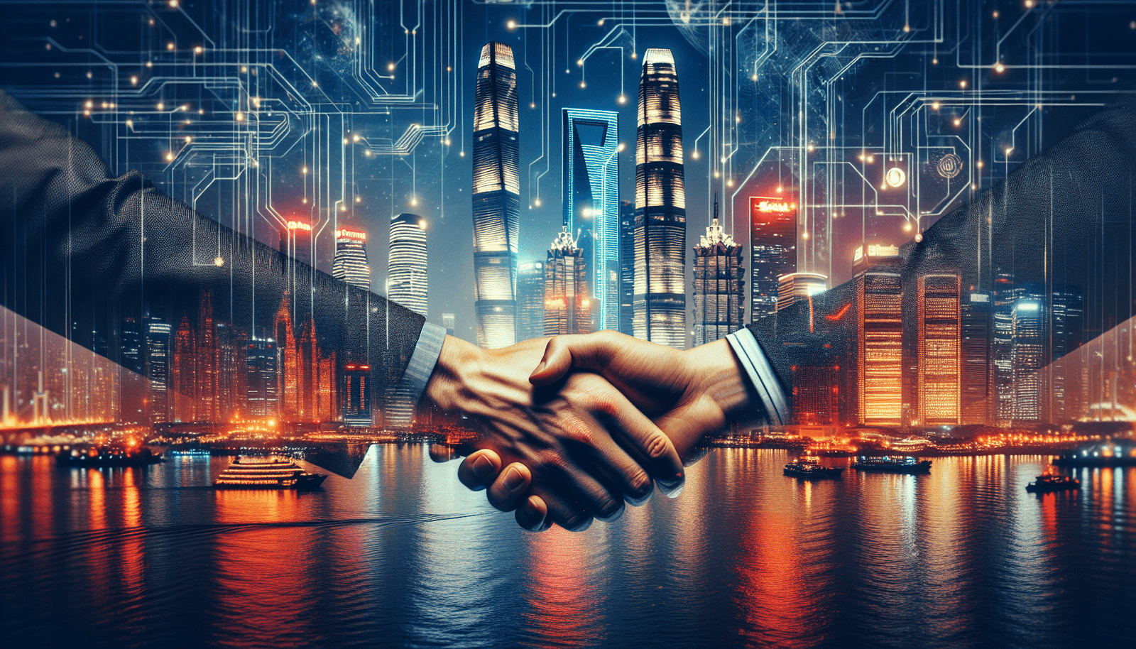 Two hands shaking, symbolizing a venture capital deal being sealed, with a subtle futuristic cityscape of an Asian metropolis at dusk in the background. Neon lights and abstract digital patterns representing AI and data flow are subtly integrated into the scene. The overall style is cinematic, high detail, and aspirational, conveying growth and technological advancement.