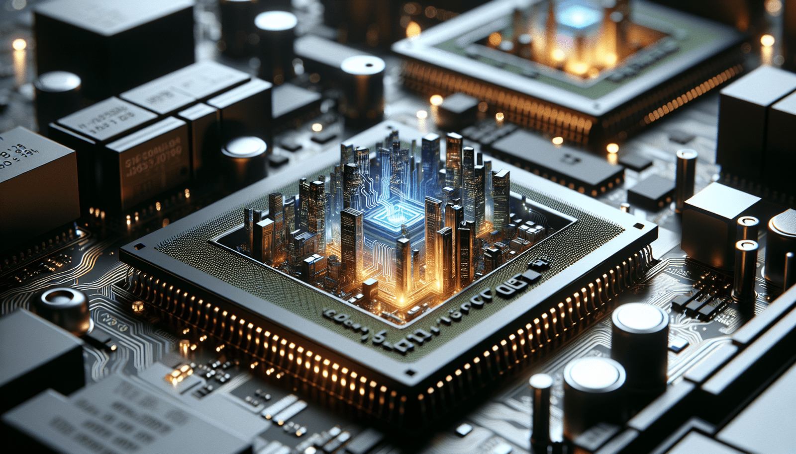 Une macro-représentation artistique de microprocesseurs NVIDIA Grace Hopper et Blackwell B200 émettant une énergie lumineuse. Des veines de circuits imprimés s'étendent pour former un réseau de données sécurisé, encerclant un paysage urbain européen futuriste au crépuscule. L'image évoque l'innovation, la puissance de calcul et la protection numérique.