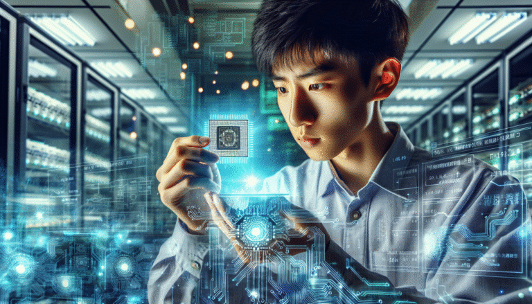 visuel Discover >1200px, Un ingénieur chinois, jeune et déterminé, examinant une puce de silicium futuriste et lumineuse dans un laboratoire ultra-moderne, avec des schémas de circuits intégrés en arrière-plan et des étincelles numériques, couleurs vives et dynamiques, style cyber-futuriste.
