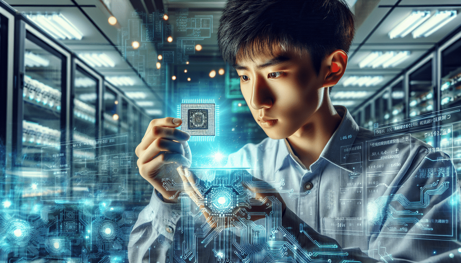 visuel Discover >1200px, Un ingénieur chinois, jeune et déterminé, examinant une puce de silicium futuriste et lumineuse dans un laboratoire ultra-moderne, avec des schémas de circuits intégrés en arrière-plan et des étincelles numériques, couleurs vives et dynamiques, style cyber-futuriste.