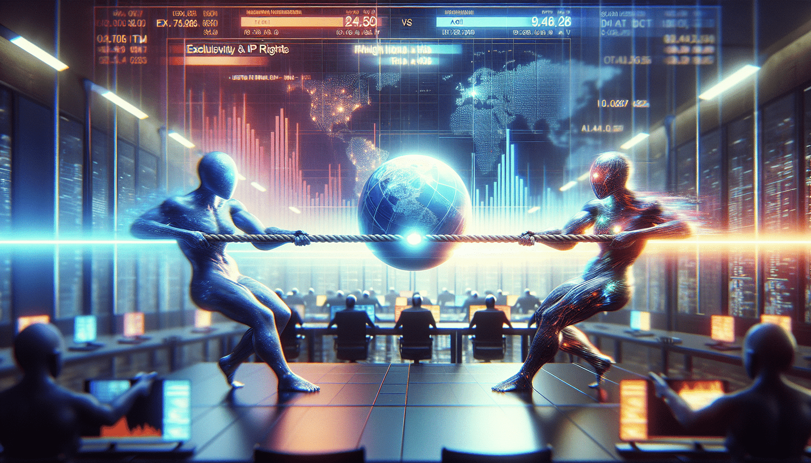 A digital tug-of-war scene in a futuristic high-tech boardroom. On one side, a blue-toned abstract corporate entity representing Microsoft pulls a rope labeled "Exclusivity & IP Rights". On the other side, a vibrant, glowing abstract corporate entity representing OpenAI pulls the same rope. In the middle, a glowing "AGI" sphere is the coveted prize. The background features blurred financial charts and data streams, emphasizing the high stakes and monetary implications.