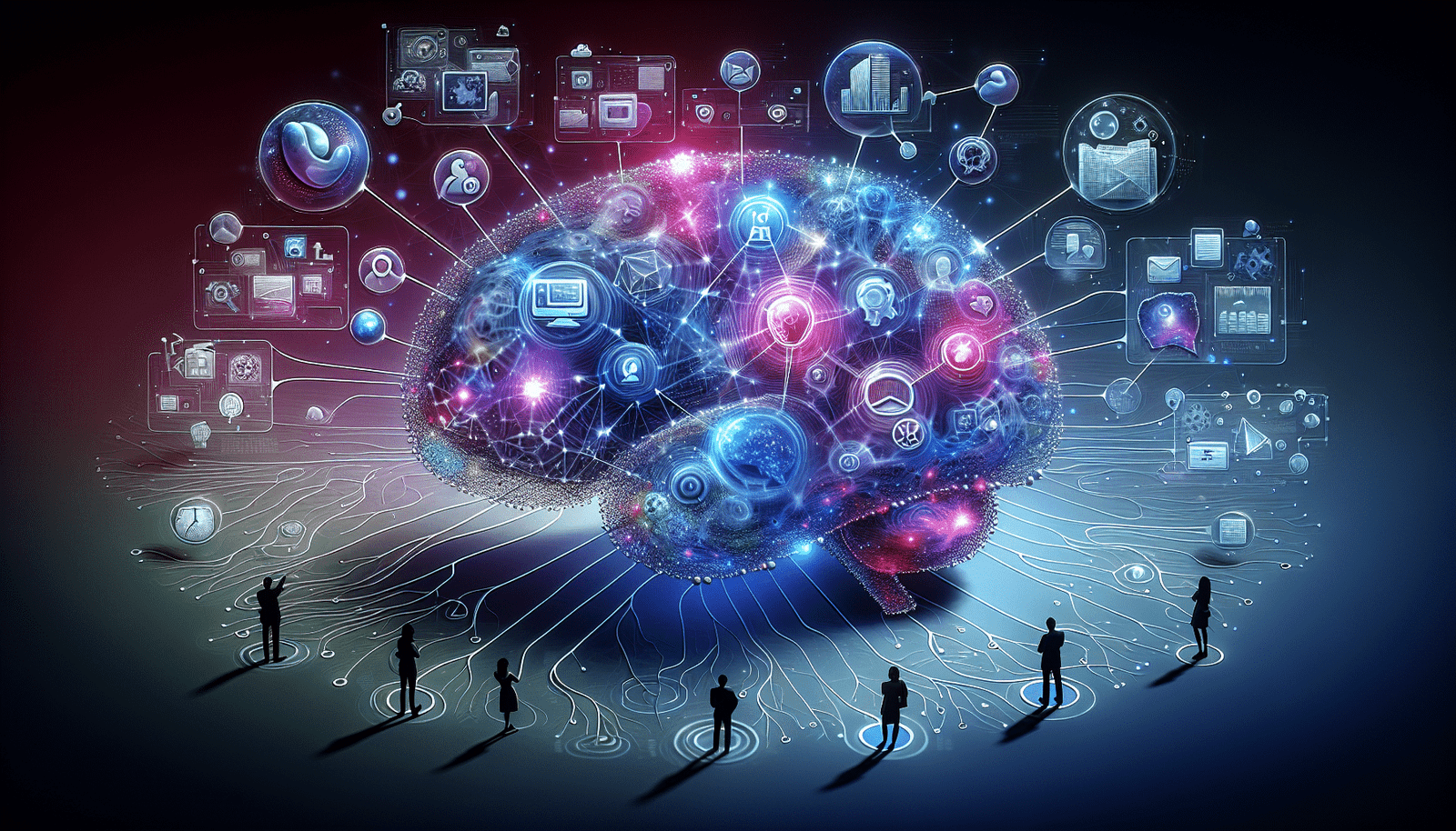 Visuel Discover d'un cerveau stylisé et lumineux, composé de réseaux neuronaux interconnectés, projetant des bulles d'informations diverses et pertinentes (icônes d'actualités, graphiques, images) vers un public représenté par des silhouettes curieuses. L'ambiance est celle de la découverte et de la personnalisation de l'information. Palette de couleurs douces et lumineuses avec des accents de bleu et de violet. Angle de prise de vue dynamique et aérien.