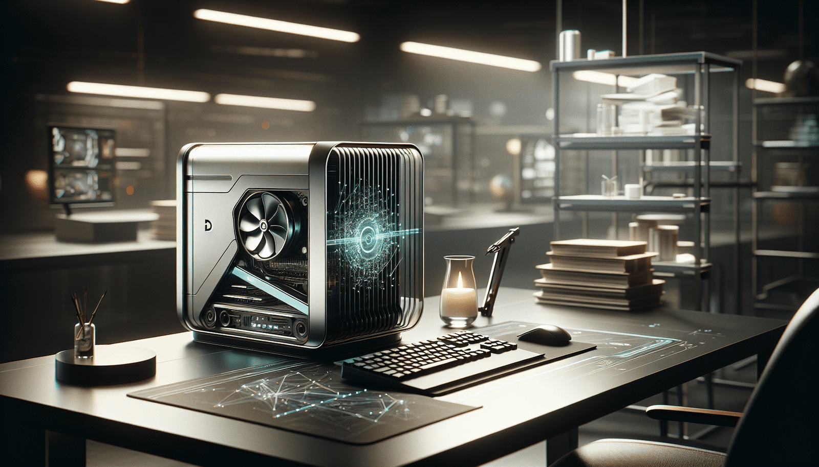 Un superordinateur personnel futuriste au design élégant, posé sur un bureau moderne, émettant une douce lueur holographique symbolisant la puissance de l'IA. Ambiance technologique et accessible.