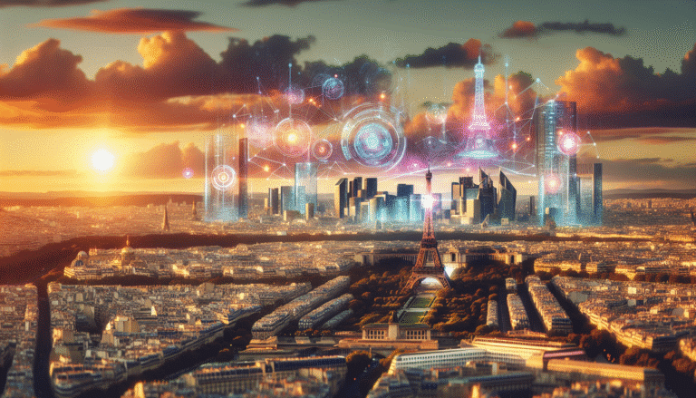 Une scène futuriste de Paris avec des éléments d'IA flottants au-dessus de monuments emblématiques comme la Tour Eiffel et l'Arc de Triomphe, des lignes lumineuses symbolisant les flux de données et l'innovation. Couleurs vives, ambiance optimiste et high-tech, évoquant un futur où la technologie s'intègre harmonieusement dans la ville.