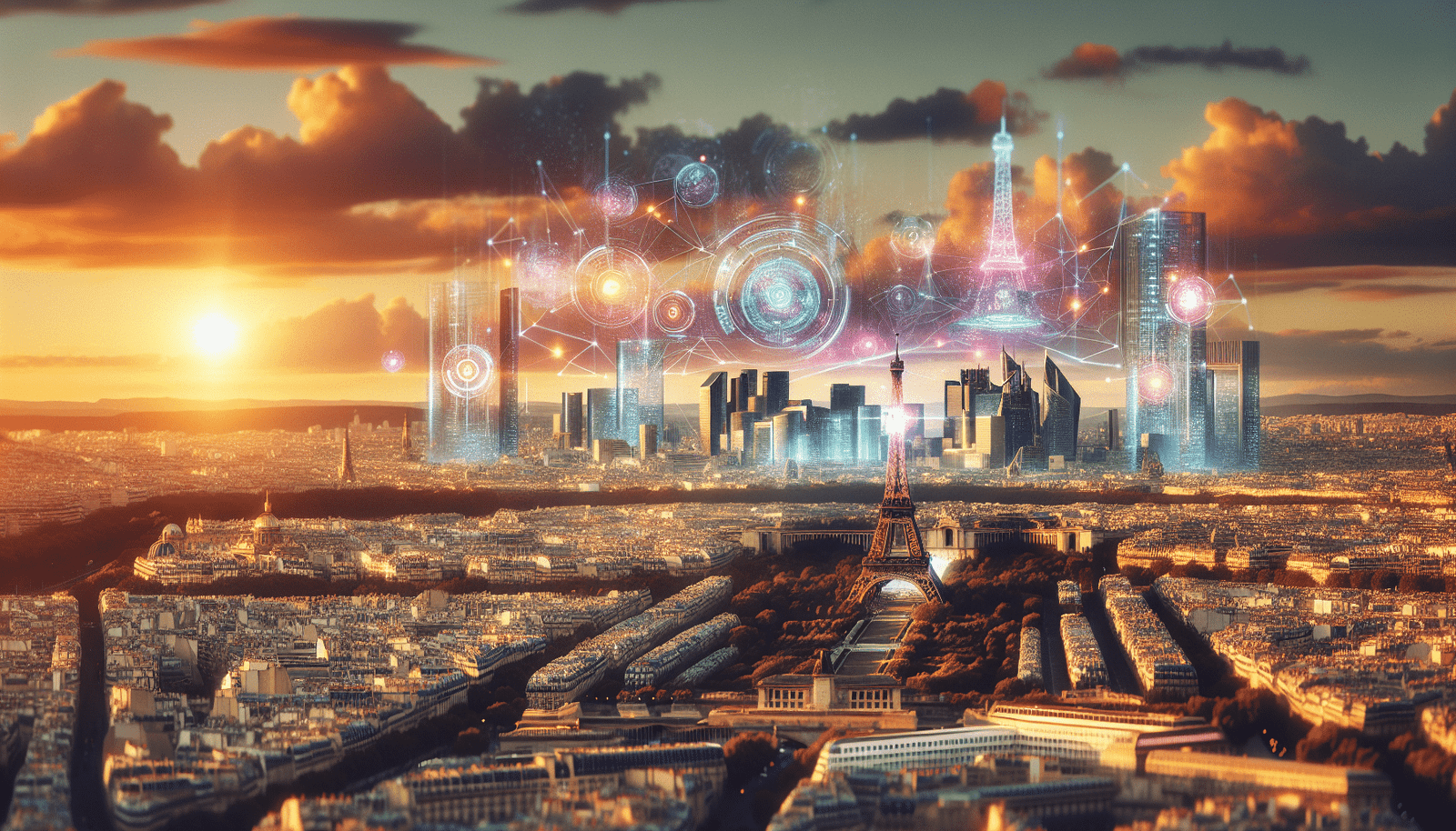 Une scène futuriste de Paris avec des éléments d'IA flottants au-dessus de monuments emblématiques comme la Tour Eiffel et l'Arc de Triomphe, des lignes lumineuses symbolisant les flux de données et l'innovation. Couleurs vives, ambiance optimiste et high-tech, évoquant un futur où la technologie s'intègre harmonieusement dans la ville.