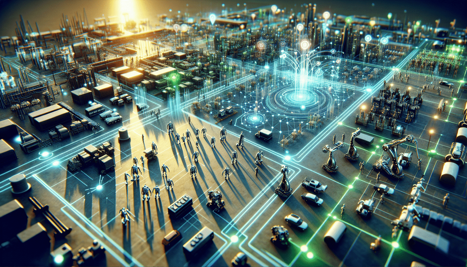 A complex, vibrant digital simulation environment seen from above, showing multiple robots (humanoids, industrial arms, vehicles) interacting within a highly detailed virtual city or factory. Data lines and glowing nodes connect elements, symbolizing intelligent learning and vast datasets. High-tech, abstract, clean lines, blue and green hues.