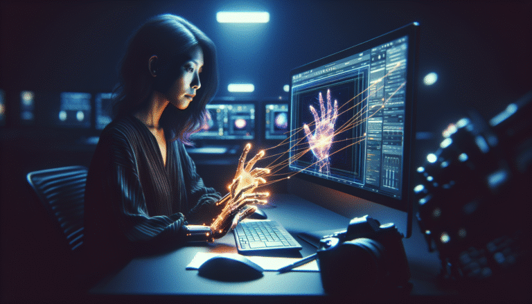 Un artiste numérique travaillant sur un écran d'ordinateur, des lignes lumineuses symbolisant l'IA émanent de l'écran et s'entremêlent avec ses mains, créant une aura de collaboration harmonieuse entre l'humain et la technologie. Style futuriste, teintes bleues et violettes.