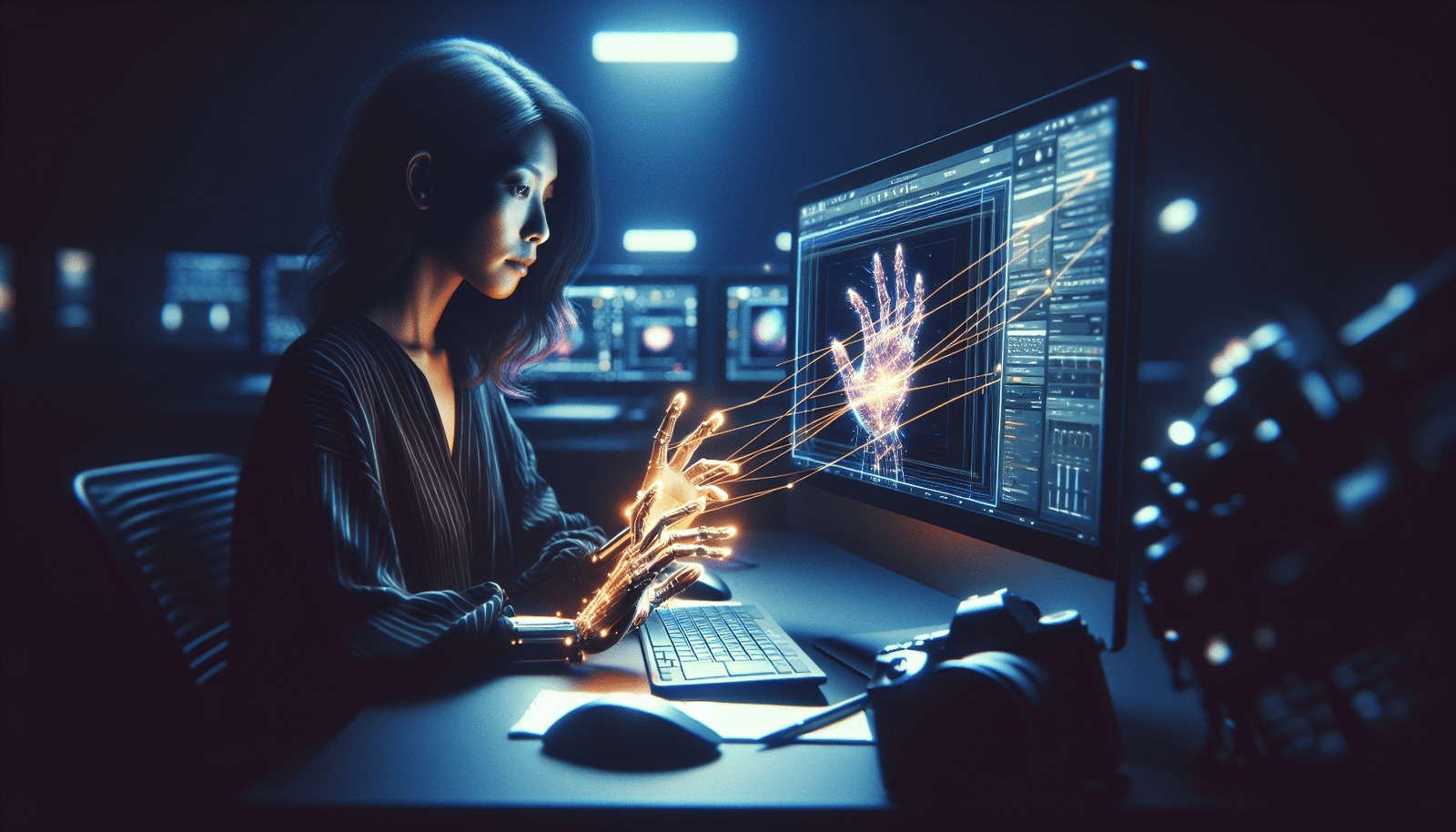 Un artiste numérique travaillant sur un écran d'ordinateur, des lignes lumineuses symbolisant l'IA émanent de l'écran et s'entremêlent avec ses mains, créant une aura de collaboration harmonieuse entre l'humain et la technologie. Style futuriste, teintes bleues et violettes.
