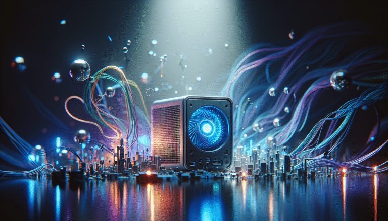 A futuristic, sleek mini-PC (Minisforum AI X1 style) glowing with blue and purple AI-inspired light, surrounded by abstract data streams and neural network patterns. The setting is minimalist and modern, emphasizing cutting-edge technology. High detail, vibrant colors.