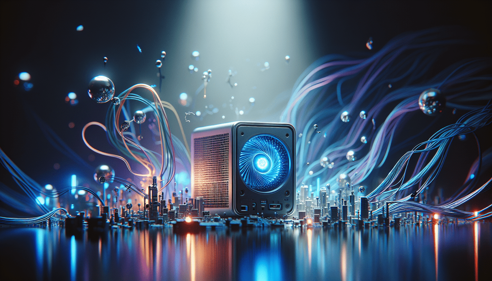 A futuristic, sleek mini-PC (Minisforum AI X1 style) glowing with blue and purple AI-inspired light, surrounded by abstract data streams and neural network patterns. The setting is minimalist and modern, emphasizing cutting-edge technology. High detail, vibrant colors.