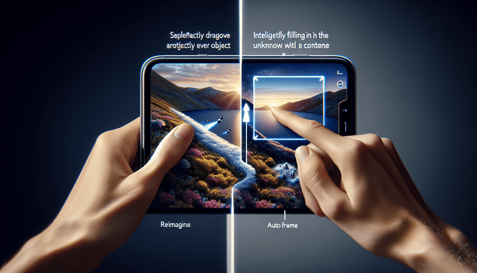 A dynamic split-screen showing two distinct AI editing actions on a smartphone. On one side, a finger is intuitively dragging an object to remove it from a photo (Reimagine). On the other, a landscape photo is subtly expanding its borders and intelligently filling in missing details (Auto Frame), showcasing Google Photos' advanced AI editor.