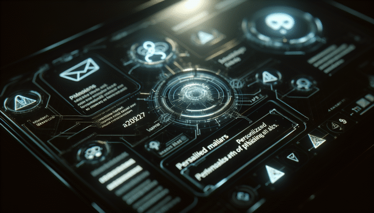 Une interface utilisateur futuriste et sombre montrant un réseau complexe d'attaques de phishing automatisées, avec des mails personnalisés flottant comme des hologrammes et des icônes de logiciels malveillants adaptatifs en arrière-plan, symbolisant les menaces IA en 2025. Lumières froides, ambiance cybernétique.