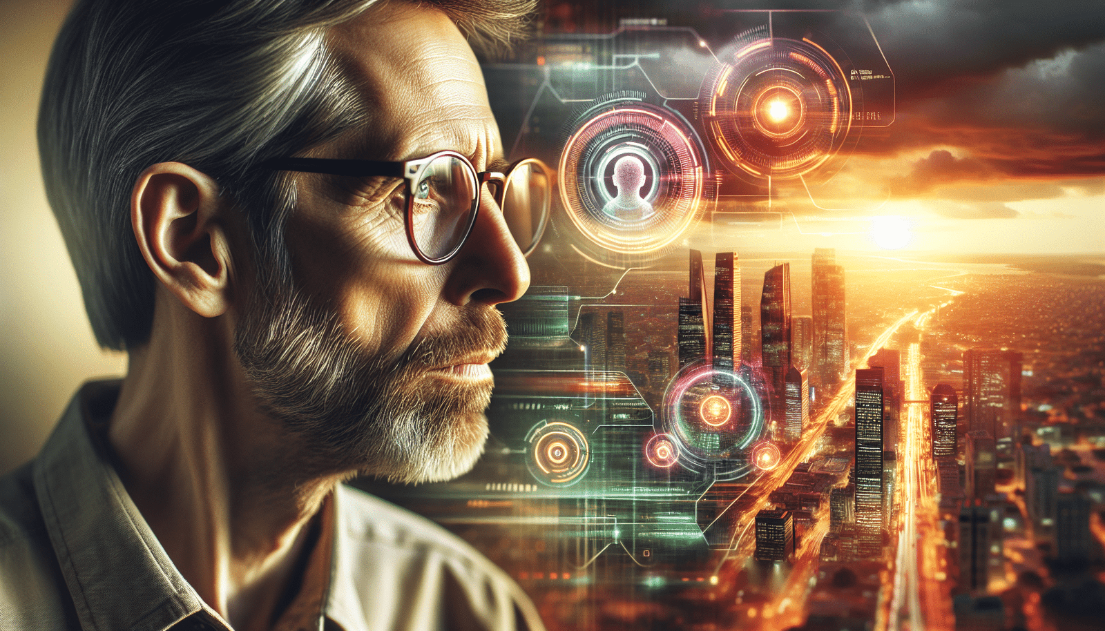 Reid Hoffman regardant une ville futuriste où les gratte-ciel intègrent des interfaces holographiques lumineuses, symbolisant l'harmonie entre l'humain et l'IA. Ambiance futuriste et optimiste, couleurs vives.