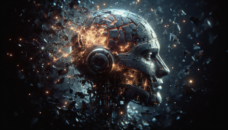Une illustration stylisée d'une intelligence artificielle sous forme de cerveau robotique fissuré, émettant des étincelles numériques, sur un fond sombre et fragmenté. L'image doit évoquer la perturbation, la défaillance et l'impact global de la panne d'un système IA central.