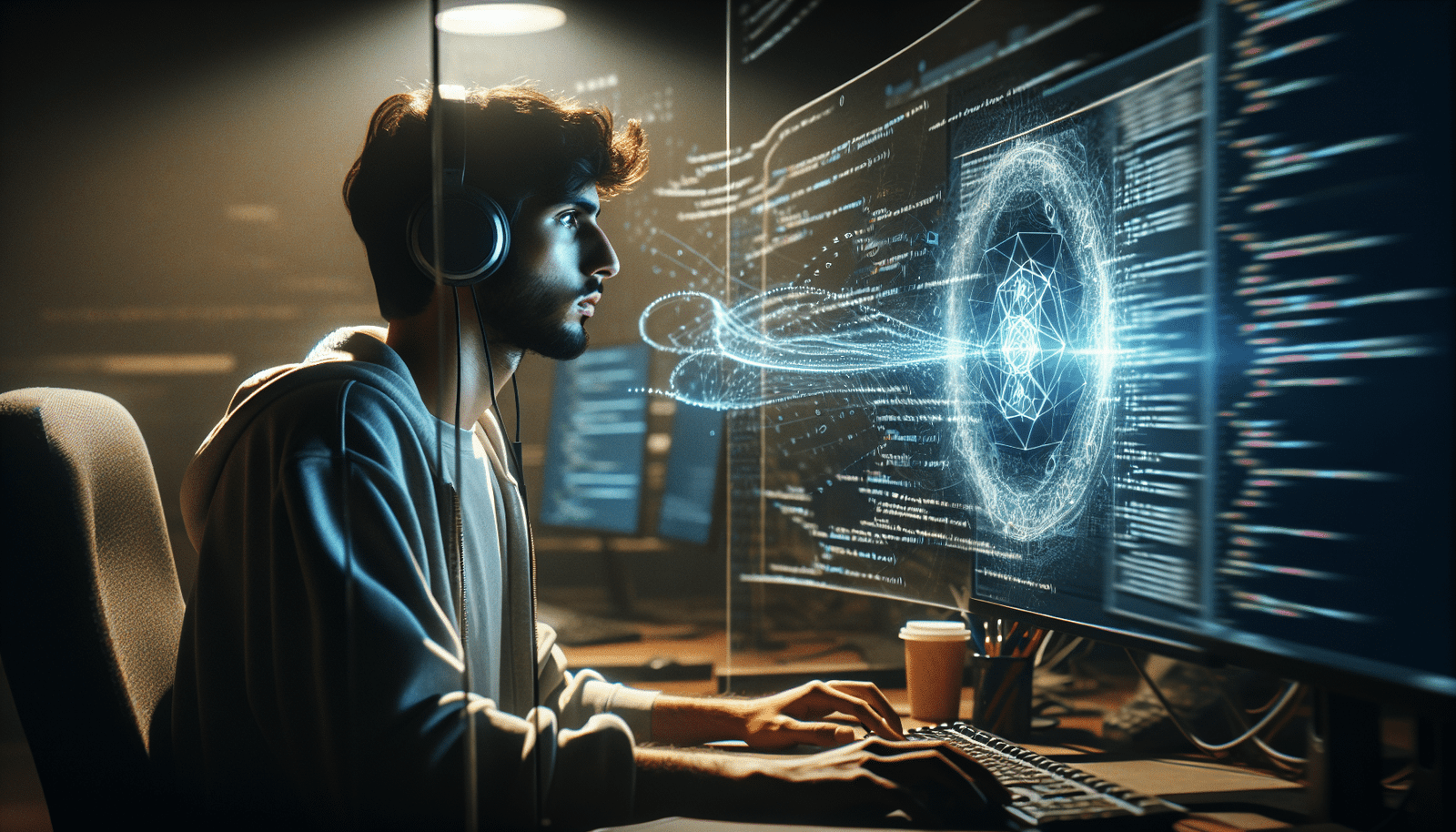 Un étudiant concentré, casque sur les oreilles, devant un écran d'ordinateur affichant du code complexe. Un assistant IA virtuel, représenté par un halo lumineux ou des lignes de code fluides, semble l'aider à compléter le code avec rapidité et précision. L'ambiance est celle de la concentration et de l'efficacité numérique.