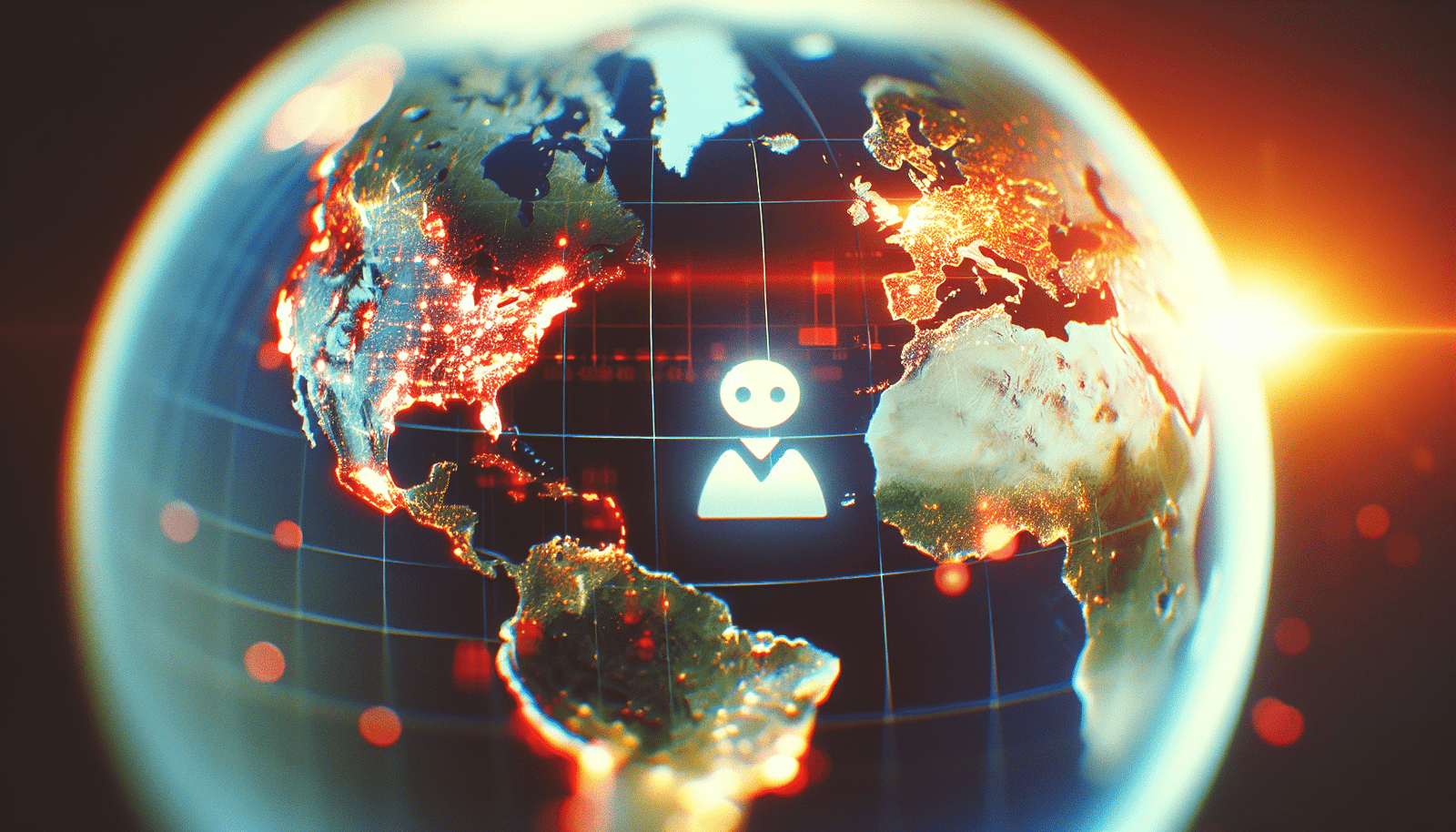 Une carte du monde numérique avec des points lumineux rouges éclatants sur les principales zones de peuplement, symbolisant les pannes de réseau. Un pictogramme de chatbot confus ou brisé est superposé, représentant l'impact mondial de l'interruption des services d'IA.