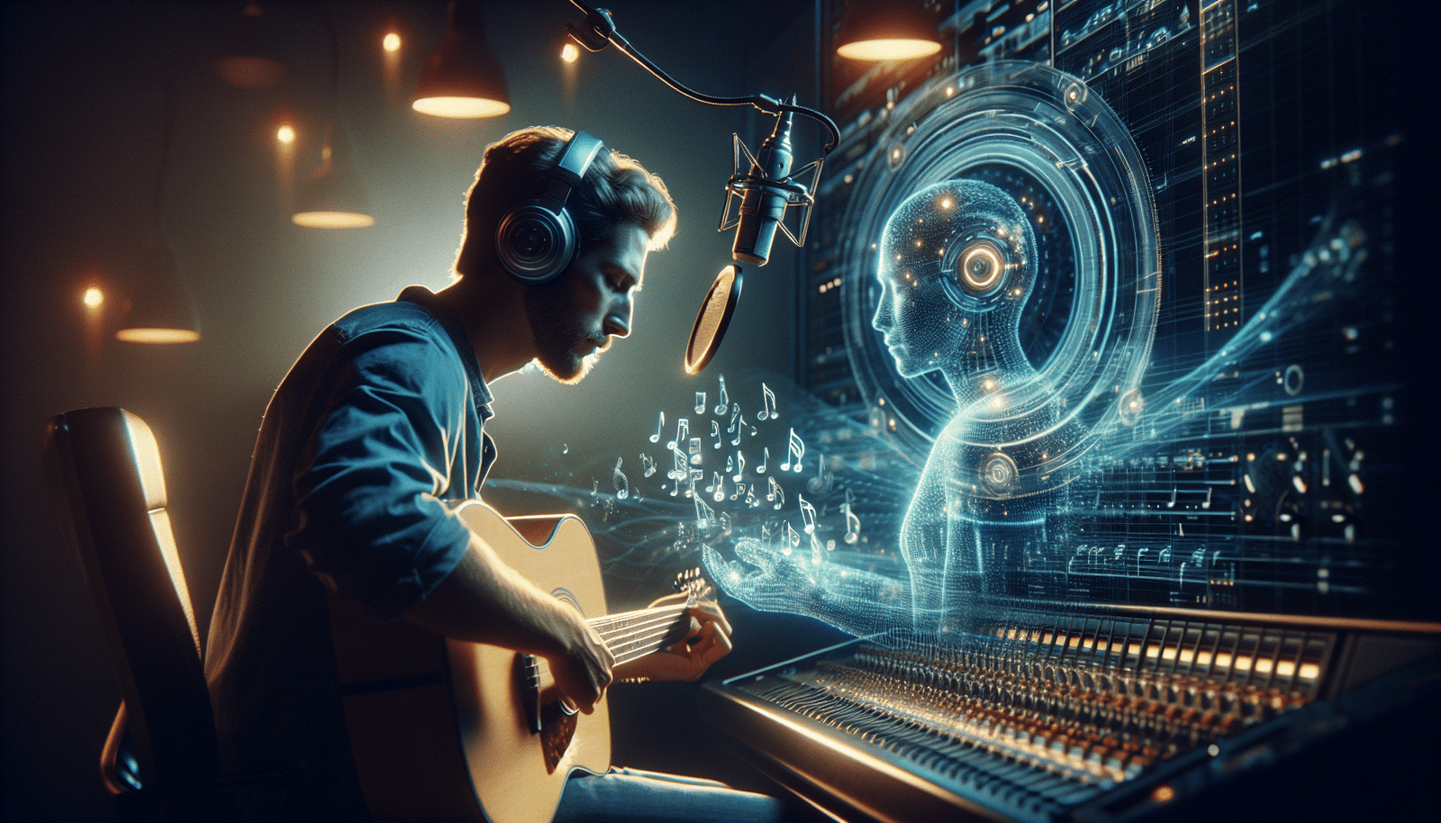 Un artiste humain (musicien/compositeur) et un être lumineux et semi-transparent symbolisant l'IA, collaborant côte à côte dans un studio d'enregistrement futuriste. L'artiste joue d'un instrument tandis que l'IA manipule des flux de données musicaux holographiques. L'ambiance est celle de la collaboration harmonieuse et de l'innovation.