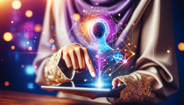 Visuel vibrant et futuriste montrant une main humaine manipulant une image sur une tablette ou un écran tactile. Des éléments d'IA comme des fils lumineux bleus et violets et des formes géométriques dorées se superposent élégamment à la photo, symbolisant la transformation numérique. L'image est éclatante, évoquant la simplicité d'utilisation et la puissance créative débloquée. Style dynamique et moderne, avec un focus sur l'interaction utilisateur.