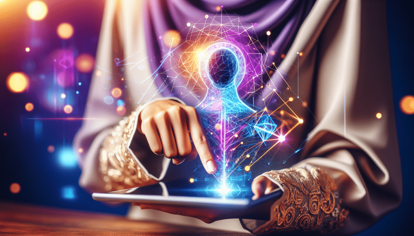 Visuel vibrant et futuriste montrant une main humaine manipulant une image sur une tablette ou un écran tactile. Des éléments d'IA comme des fils lumineux bleus et violets et des formes géométriques dorées se superposent élégamment à la photo, symbolisant la transformation numérique. L'image est éclatante, évoquant la simplicité d'utilisation et la puissance créative débloquée. Style dynamique et moderne, avec un focus sur l'interaction utilisateur.