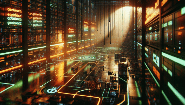 Une illustration cyberpunk stylisée d'un datacenter ultramoderne baigné de lumières néons, avec les logos d'Orange Business et NVIDIA entrelacés, projetant des hologrammes de flux de données sécurisés au-dessus d'une carte de l'Europe. L'atmosphère est de confiance technologique et de souveraineté numérique.