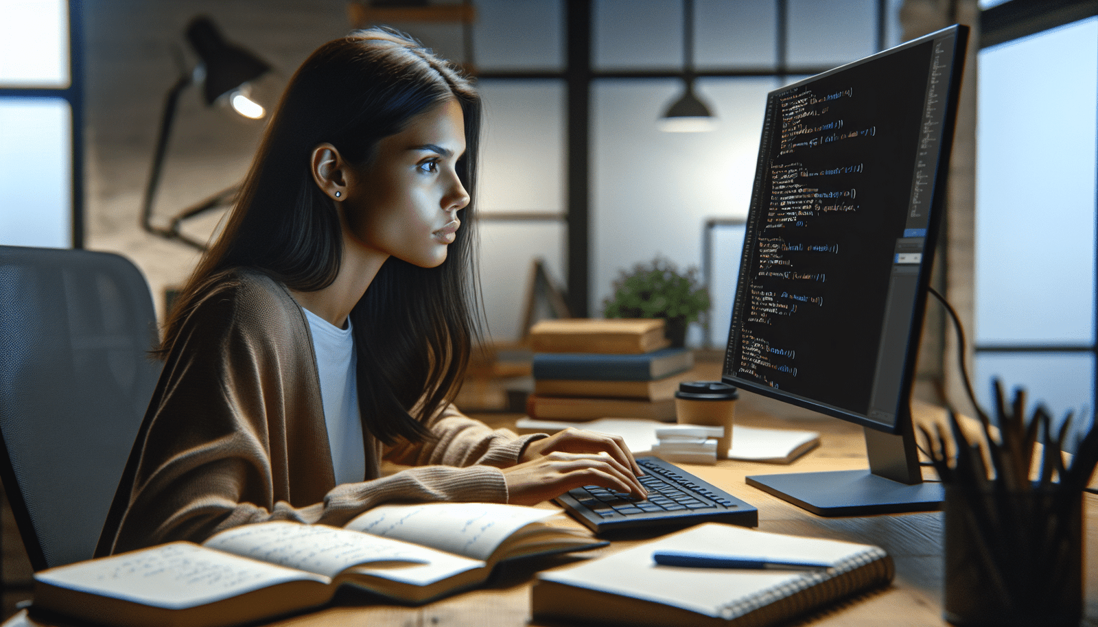 Un jeune développeur ou étudiant, l'air concentré et engagé, regardant un écran d'ordinateur qui affiche un tutoriel vidéo interactif sur Claude AI Code. L'écran reflète des interfaces utilisateur épurées et des extraits de code lisibles. L'ambiance est celle d'un espace d'apprentissage moderne et inspirant, avec des notes manuscrites et des livres techniques en arrière-plan.