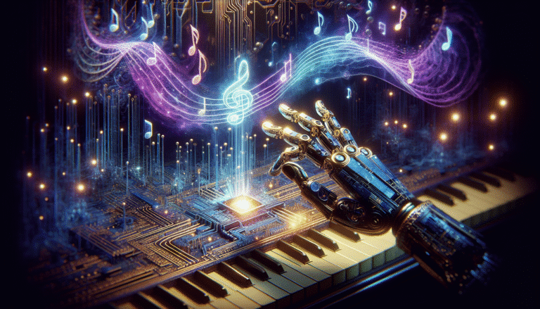 Une image abstraite et futuriste représentant des ondes sonores se transformant en circuits imprimés lumineux, avec des notes de musique flottant autour d'une main robotique délicatement posée sur un clavier de piano holographique. Couleurs dominantes : bleu électrique, violet, et reflets dorés.