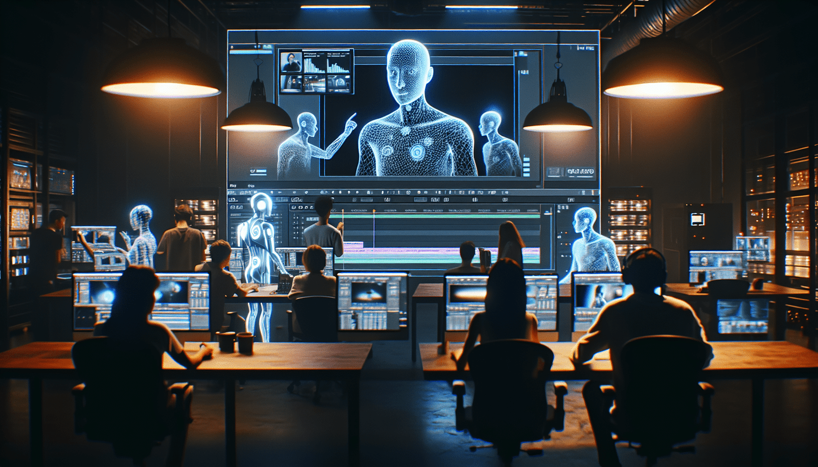 Un studio de production vidéo futuriste où des hologrammes d'assistants IA travaillent aux côtés de créateurs humains. Un grand écran affiche un montage vidéo en cours avec des sous-titres générés en temps réel et des marqueurs d'effets spéciaux, soulignant l'efficacité et l'accessibilité augmentées par l'IA.