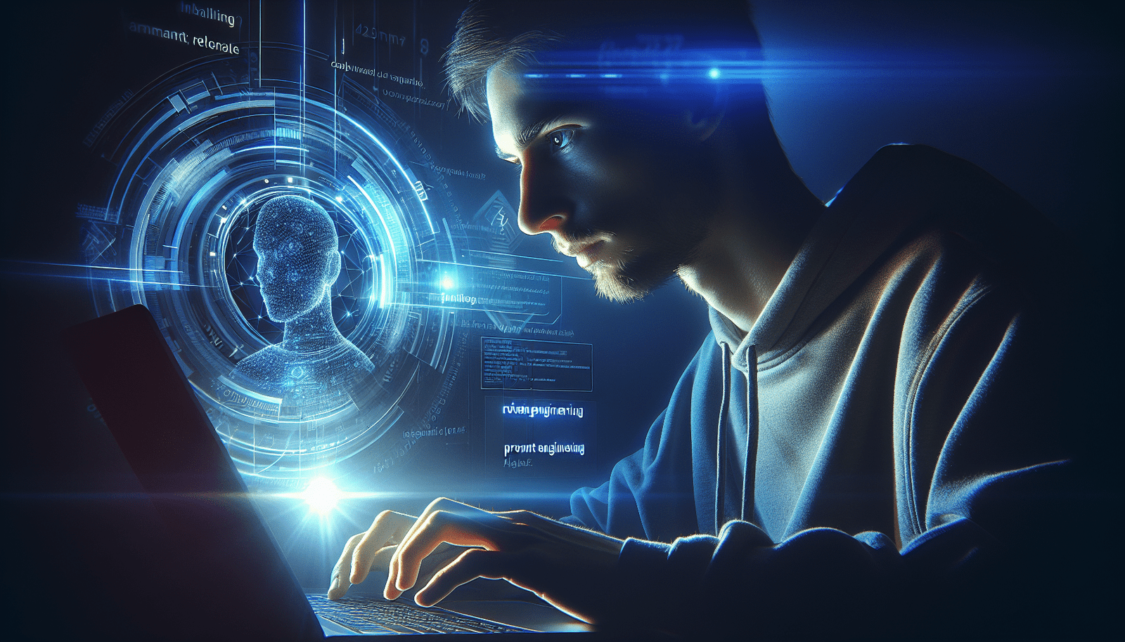Une personne concentrée travaillant sur un ordinateur portable, entourée d'hologrammes de code et de données, avec un focus sur l'interaction homme-machine et l'ingénierie des prompts. Lumières bleues et violettes.