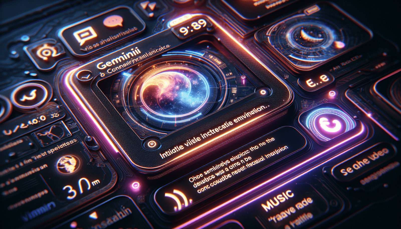 Une interface YouTube où un bouton "Gemini" lumineux est visible, avec une bulle de dialogue stylisée montrant des questions et réponses intelligentes sur une vidéo de musique ou de voyage. Effet de surbrillance néon, ambiance interactive et moderne.