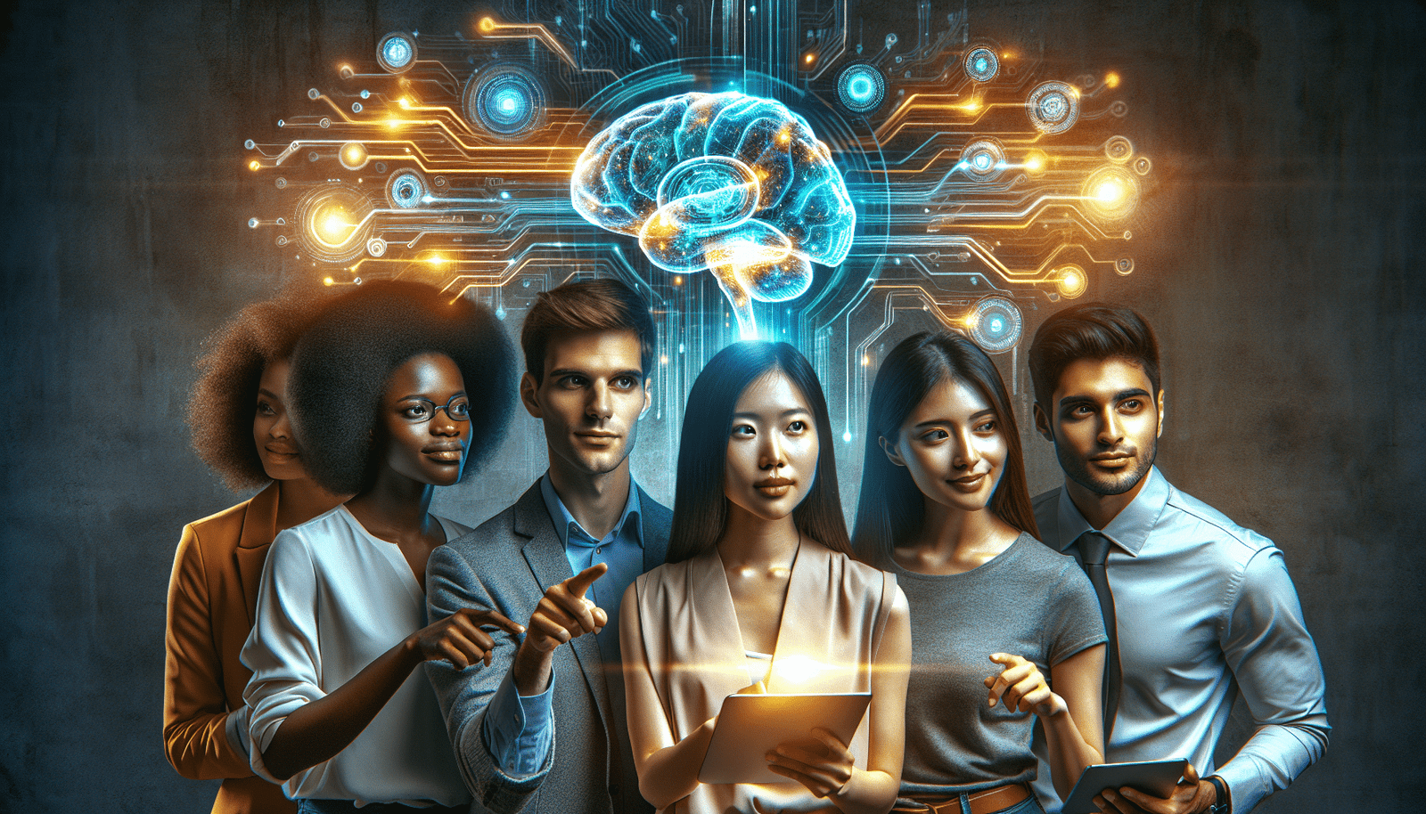 A diverse group of young professionals, perhaps students or recent graduates, looking confidently towards a glowing digital brain or an abstract AI symbol. They are collaborating, some pointing at screens, symbolizing the acquisition of new skills and future readiness. Bright, optimistic lighting. Colors: teals, oranges, and warm yellows.
