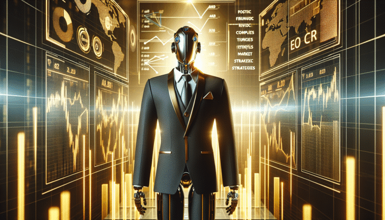visuel Discover >1200px, Un robot stylisé en costume de PDG, entouré de graphiques financiers lumineux et d'écrans affichant des stratégies de marché complexes, dans un environnement futuriste et épuré. L'atmosphère est à la fois technologique et luxueuse, avec une lumière dorée soulignant le potentiel de richesse.