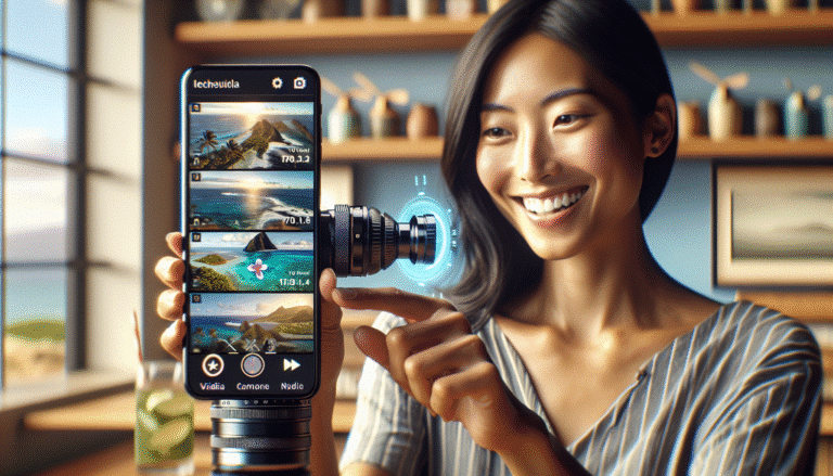 Un utilisateur souriant naviguant sur l'application YouTube sur un smartphone, avec un carousel de recherche futuriste affichant des vignettes de vidéos et des descriptions générées par IA sur des plages paradisiaques d'Hawaii. Lumières bleues et interface futuriste. Style numérique, haute définition.