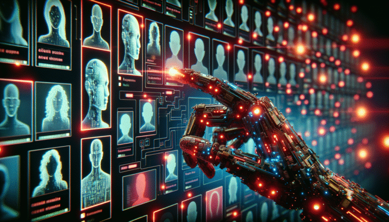 Une main robotique stylisée, composée de circuits lumineux, pointe vers une mosaïque de visages flous et des CV numériques. Un filtre de biais rougeâtre est appliqué sur certains profils, symbolisant l'"algorithmic bias" dans le recrutement IA. Ambiance futuriste et légèrement dystopique, couleurs néon et sombres, rendu de qualité cinéma.