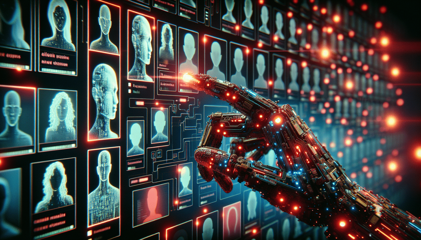 Une main robotique stylisée, composée de circuits lumineux, pointe vers une mosaïque de visages flous et des CV numériques. Un filtre de biais rougeâtre est appliqué sur certains profils, symbolisant l'"algorithmic bias" dans le recrutement IA. Ambiance futuriste et légèrement dystopique, couleurs néon et sombres, rendu de qualité cinéma.
