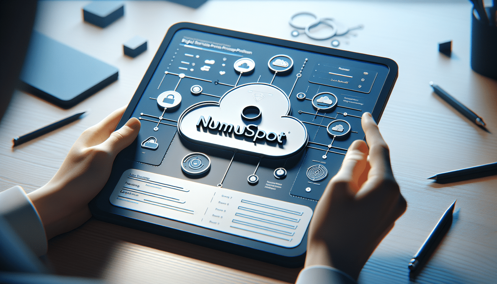 Une interface utilisateur moderne et épurée d'une plateforme de services numériques, avec le logo stylisé de NumSpot. Des éléments de cloud computing et des graphiques de données sécurisées sont visibles, suggérant une technologie avancée et fiable. Couleurs bleues et blanches dominantes, ambiance professionnelle et innovante.